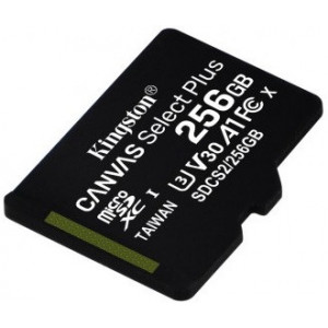 256GB microSD Class10 A1 UHS-I + SD adapter  Kingston Canvas Select Plus, 600x, Up to: 100MB/s