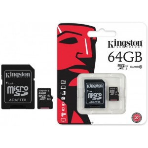 64GB microSD Class10 A1 UHS-I + SD adapter  Kingston Canvas Select Plus, 600x, Up to: 100MB/s