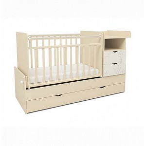 550039-1 Кровать детская СКВ-5 Жираф, опуск.бок., маятник, полка, 3 ящика, бежевый + белый Размер ложа 1200х600 мм.