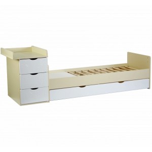 550039-1 Кровать детская СКВ-5 Жираф, опуск.бок., маятник, полка, 3 ящика, бежевый + белый Размер ложа 1200х600 мм.