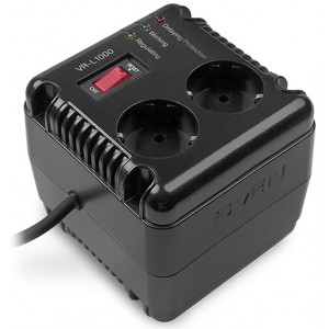 SVEN VR-L1000, 320W, Automatic Voltage Regulator, 2x Schuko outlets, Input voltage: 184-285V, Output voltage: 230V ± 10%, diod indicators on the front panel, plastic body, Black