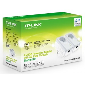 TP-LINK TL-PA4010P KIT AV500 Powerline  Adapter with AC Pass Through Starter Kit, 500Mbps Powerline Datarate, 1 Fast Ethernet port, HomePlug AV, Green Powerline,  Plug and Play, Twin Pack
