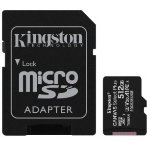 512GB microSD Class10 A1 UHS-I + SD adapter Kingston Canvas Select Plus, 600x, Up to: 100MB/s