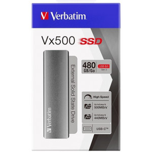 M.2 External SSD 480GB  Verbatim Vx500 USB 3.1 Gen 2, Sequential Read/Write: up to 500/430 MB/s, Windows®, Mac, PS4 and Xbox One compatible, Light, Portable, Durable, Ultra-compact aluminum housing, Low power consumption