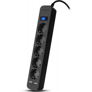 Surge Protector 5 Sockets,3.0m,  Sven SF-05LU, 2 USB ports charging (2.4A), Black
