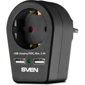 Surge Protector  1 Sockets,  Sven SF-01U, 2 USB ports charging (2.4A), Black