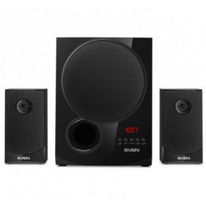 SVEN MS-2080 Black, 2.1 / 40W + 2x15W RMS, Bluetooth, FM-tuner, USB & SD card Input, Digital LED display, built-in clock, set the switch-off time, remote control, all wooden