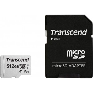 512GB MicroSD (Class 10) UHS-I (U3) +SD adapter, Transcend "TS512GUSD300S" (R/W:95/40MB/s) 