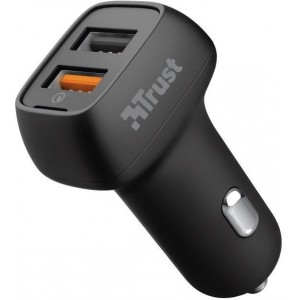 USB Car Charger - Trust Qmax 30W Ultra-Fast Dual USB Car Charger with QC3.0, Fast-charge with up to 12W power or ultra-fast charge with 18W power and QuickCharge 3.0, Total output power (max): A, W 30