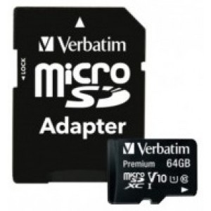 64GB microSD Class10 A1 UHS-I + SD adapter Verbatim Premium microSDXC, 600x, Up to: 90MB/s