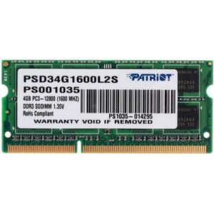 4GB DDR3L-1600 SODIMM  Patriot Signature Line, PC12800, CL11, 1 Rank, Double-sided module, 1.35V