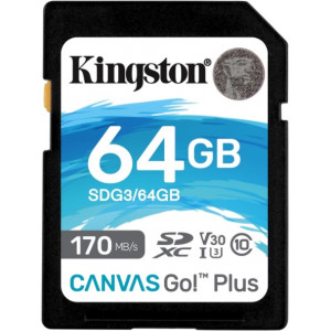 64GB SD Class10 UHS-I U3 (V30)  Kingston Canvas Go! Plus, Read: 170MB/s, Write: 70MB/s, Ideal for DSLRs/Drones/Action cameras