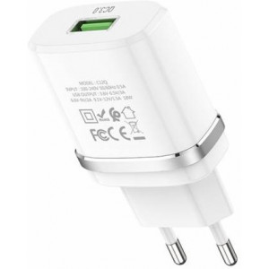 Wall Charger Hoco + Type-C Cable, 1 USB,  QC3.0, C12Q, White