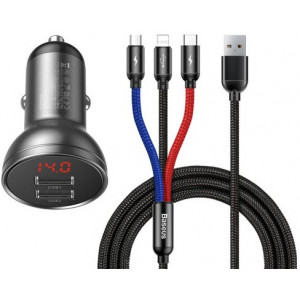Baseus Car Charger with 3 in 1 Cable, Black Suit Grey