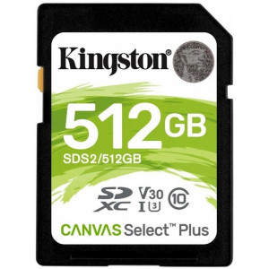 512GB  SDXC Card (Class 10) UHS-I , U3, Kingston Canvas Select Plus "SDS2/512GB" (R/W:100/85MB/s)
