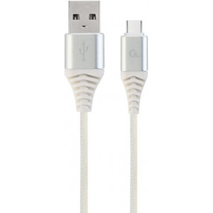 Cable USB2.0/Type-C Premium cotton braided - 1m - Cablexpert CC-USB2B-AMCM-1M-BW2, Silver/White, USB 2.0 A-plug to type-C plug, blister