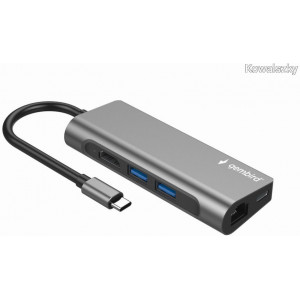 Gembird A-CM-COMBO5-01, USB Type-C 5-in-1 multi-port adapter (Hub + HDMI + PD + card reader + LAN), 2-port USB hub, 4K HDMI, Gigabit LAN port, card reader and USB Type-C PD charge support