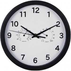Hama 186342 "Pure Plus" Wall Clock, 25 cm, with Thermometer / Hygrometer, Quiet,black