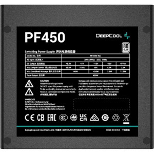 PSU DEEPCOOL PF450, 450W, ATX12V V2.4, 80 PLUS, Active PFC+Double tube forward, 120mm Hypro Bearing, >85% Under Typical Load(50% Loading), +12V (35A), 20+4 Pin, 1xEPS(4+4Pin), 6x SATA, 2xPCI-E(6+2pin), 2x Periph., OPP/OVP/SCP, ErP 2010, MTBF100000Hours,