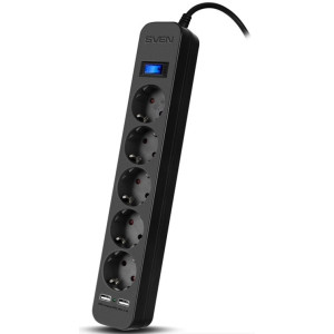 Surge Protector SVEN SF-05LU  5 Sockets + 2 USB (2,4 A) 1.8m, Black
