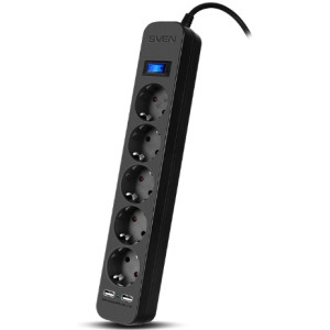 Surge Protector SVEN SF-05LU 5 Sockets + 2 USB (2.4A) 5m, Black