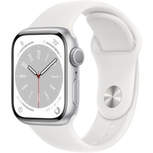 Apple Watch Series 8 GPS, 41mm Silver Aluminium Case with White Sport Band, MP6K3