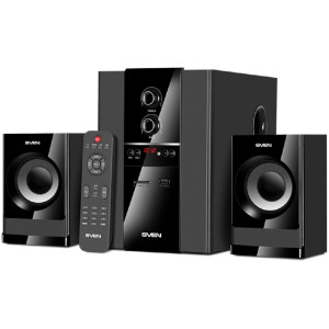 SVEN MS-1821 Black,  2.1 / 20W + 2x12W RMS, FM-tuner, USB & SD card Input, Digital LED display, remote control, all wooden, (sub.3.9" + satl.3.15")