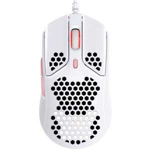 HYPERX Pulsefire Haste Gaming Mouse, White/Pink, Ultra-light hex shell design, 400–16000 DPI, 4 DPI presets, Pixart PAW3335 Sensor, Split-button design for extra responsiveness, Per-LED RGB lighting, USB, 80g