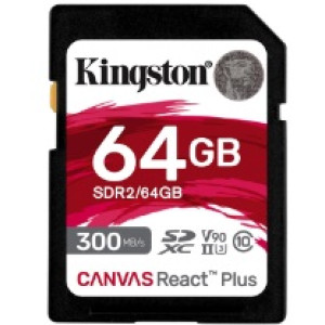 64GB SD Class10 UHS-II U3 (V90)  Kingston Canvas React Plus, Ultimate, Read: 300Mb/s, Write: 260Mb/s,  Capture 4K/8K Ultra-HD high-speed shots without dropping frames, Ultimate speeds to support professional camera use