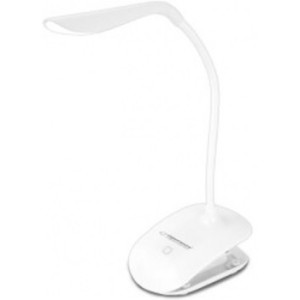 Desk Lamp Esperanza DENEB ELD104W White, 14 LED’s, Touch switch, 3 levels of brightness, Light color: 5500K, Flexible arm, Retaining clip, Built-in eye protection filter, Power: 3W, The angle of incidence of light: 120%, Power supply: USB 5V/0,5A or 4 AAA