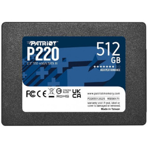 2,5" SSD 512GB Patriot P220, SATAIII, Sequential Read: 550MB/s, Sequential Write: 500MB/s, 4K Random Read: 40K IOPS, 4K Random Write: 50K IOPS, SMART, TRIM, 7mm, TBW: 240TB, Phison S12 Controller, 3D NAND TLC