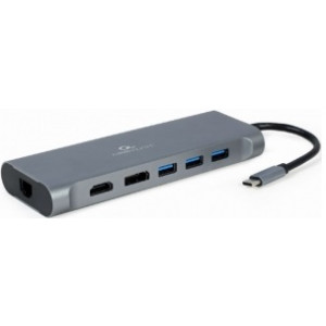  Gembird  A-CM-COMBO8-01, USB Type-C 8-in-1 multi-port adapter (Hub3.0 + HDMI + DisplayPort + VGA + PD + card reader + LAN + stereo audio), USB Type-C PD charge support, space grey