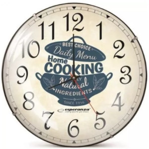 Clock Wall Esperanza MARSEILLE  EHC018M White,  30 cm, (text: Home Cooking), plastic frame, Quiet movement, hook for easy installation, Power: 1x AA battery (not included)
