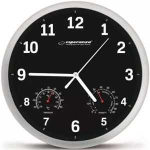 Clock Wall Esperanza LYON EHC016K BLACK, 25 cm, plastic frame, Quiet movement, hook for easy installation, Measurements: temperature and humidity, P