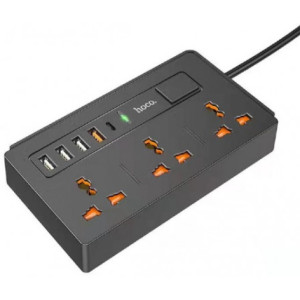 HOCO DC15, Two-in-one Multi-socket Extension charger, 3 x 220V socket, USB-C: DC5V/3A,9V/2A,12V/1.5A PD18W, USB1: DC5V/3A,9V/2A,12V/1.5A QC18W, USB2/3/4: DC5V/2.4A, Total output: 30W MAX, Black, EU Plug