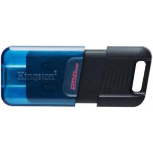 256GB USB-С3.2  Kingston DataTraveler 80M, Black/Blue, USB-C, Cap design, Stylish slim plastic casing fits, Keyring Loop (Read 200 MByte/s)