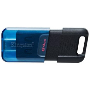 64GB USB-С3.2  Kingston DataTraveler 80M, Black/Blue, USB-C, Cap design, Stylish slim plastic casing fits, Keyring Loop (Read 200 MByte/s)