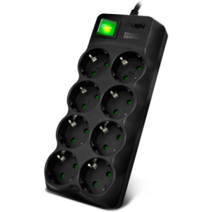Surge Protector SVEN SF-08E-16, 8 Sockets, Children protection, 1.8m, ABS plastic, Black