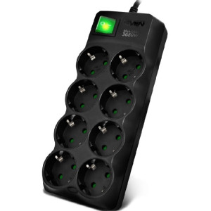 Surge Protector 8 Sockets, 5.0m, Sven SF-08E-16, Black, flame-retardant material