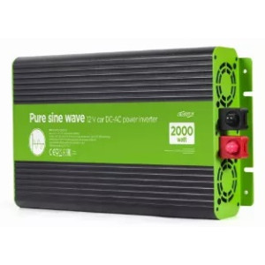 EnerGenie EG-PWC-PS2000-01, 12 V Pure sine wave car DC-AC power inverter, 2000 W, with USB port / 5V-2.1A, Input: 10-16 VDC (accumulator directly) - Output: 230 VAC +/- 10% at 50 Hz (+/-1Hz), pure sine wave, THD < 3%, 90% efficiency