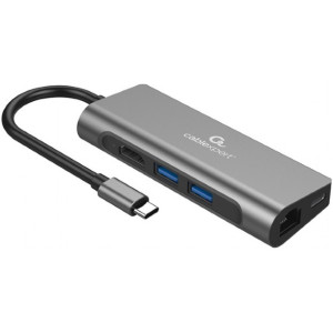 Gembird  A-CM-COMBO5-05, USB Type-C 5-in-1 multi-port adapter (Hub + HDMI + PD + card reader + LAN),  3-port USB 3.1 Gen 1 (5 Gbps) hub, 4K HDMI, Gigabit LAN port, SD card reader and 100 W USB Type-C Power Delivery port, durable premium style metal housin