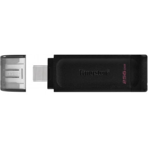 256GB USB-С3.2  Kingston DataTraveler 70, Black, USB-C, Cap design, Stylish and slim plastic casing fits, Keyring Loop (Read 80 MByte/s, Write 20 MByte/s)
