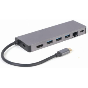  Gembird  A-CM-COMBO5-05, USB Type-C 5-in-1 multi-port adapter (Hub + HDMI + PD + card reader + LAN),  3-port USB 3.1 Gen 1 (5 Gbps) hub, 4K HDMI, Gigabit LAN port, SD card reader and 100 W USB Type-C Power Delivery port, durable premium style metal housi