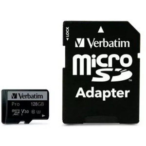 128GB microSD Class10 U3 UHS-I V30 + SD Adapter  Verbatim Pro U3 microSDXC, 600x, Read up to: 90MB/s, Write up to: 45MB/s