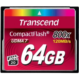 .64GB CompactFlash Card, Hi-Speed 800X, Transcend "TS64GCF800" (R/W: 140/65MB/s)
