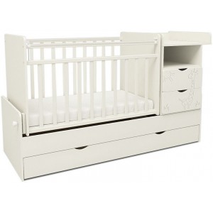 550031 Кровать детская СКВ-5 Жираф, опуск.бок., маятник, полка, 3 ящика, белый Размер ложа 1200х600 мм.