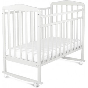 160111 Кровать детская Митенька (опускающаяся планка, колеса качалка, белая) размер ложа 1200х600 мм белый