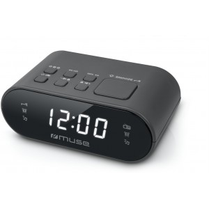 Dual Alarm Clock Radio Muse M-10 BLACK, 0.6 inch white LED Display, Dimmer (High /Low/Off), PLL Radio with 20 FM preset stations, Wake up by Radio or Buzzer, Snooze, Sleep, AC 230V, Battery backup: 3V 2?1.5V AAA (not included), 45x70x120mm