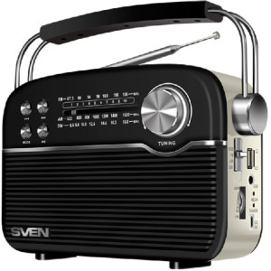 SVEN SRP-500 Black, FM/AM/SW Radio, 3W RMS, 8-band radio receiver, built-in audio files player from USB-fash, microSD and SD card storage devices, telescopic swivel antenna, built-in battery