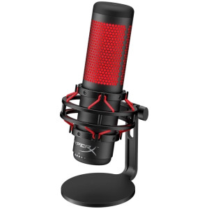 HyperX QuadCast, Microphone for the streaming, Anti-Vibration shock mount, Tap-to-Mute sensor with LED indicator, Four selectable polar patterns, Internal pop filter, Built-in headphone jack, Cable length: 3m, Black/Red,  USB